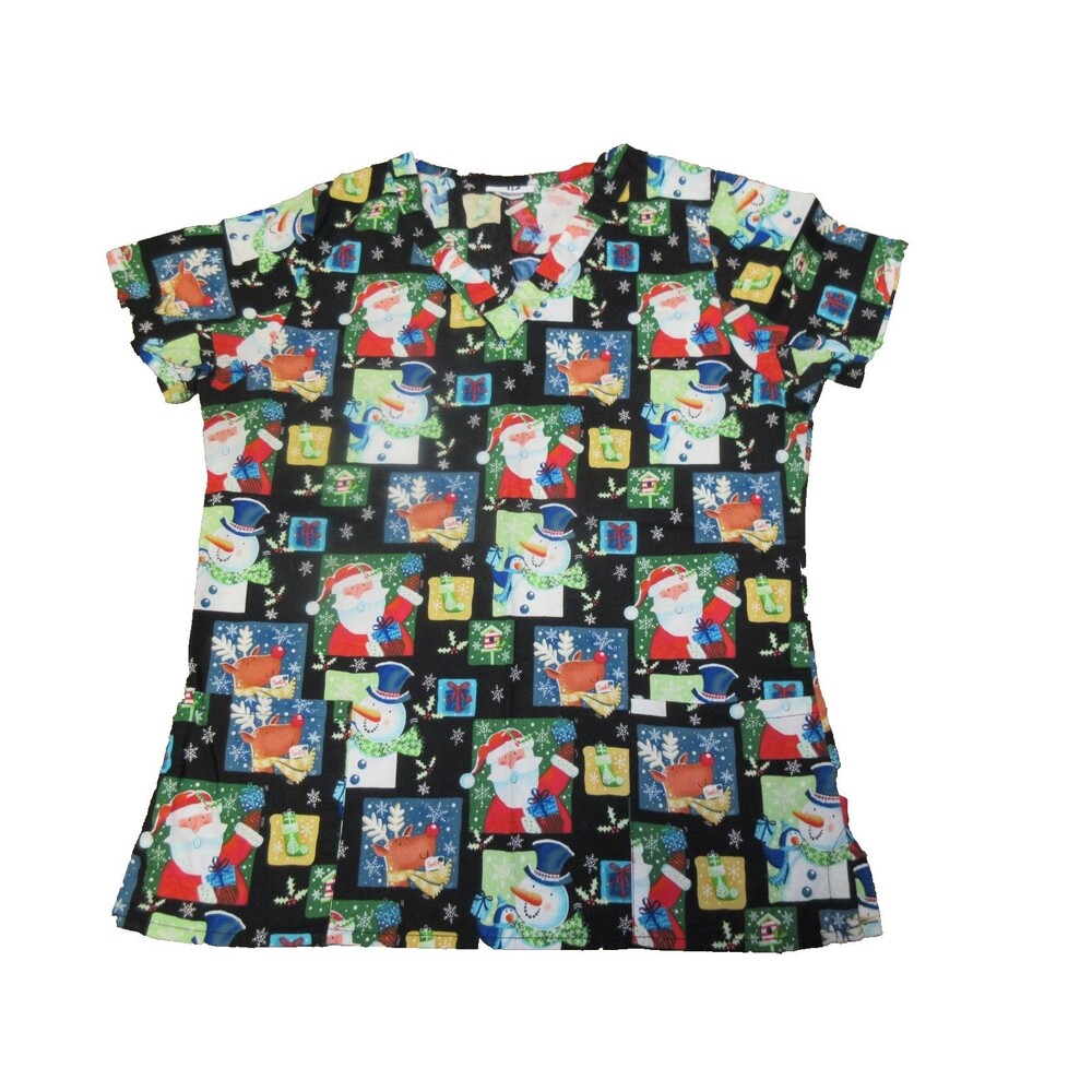 Christmas Scrub Top Life womens size M Medium  Santa,Snowman,Stockings GUC